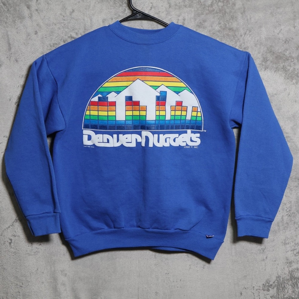 Vintage Denver Nuggets Logo 7 Sweatshirt Men Large Blue NBA Rainbow Skyline 1991
